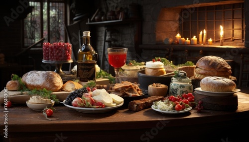 A festive holiday table set with traditional foods