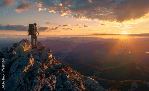 A mid-distance shot of a hiker reaching the summit of a mountain at dawn  celebrating personal achievement and the great outdoors.