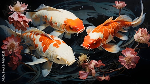 White and orange Koi fishes in a pond with flowers, beautiful surreal illustration