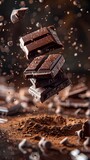 Luxurious dark chocolate pieces suspended in mid-air with an explosion of fine cocoa powder, creating a rich and indulgent scene.