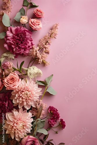 Pink roses and wild flowers on pastel purple background wallpaper wedding invitation postcard  © Mockup Lab