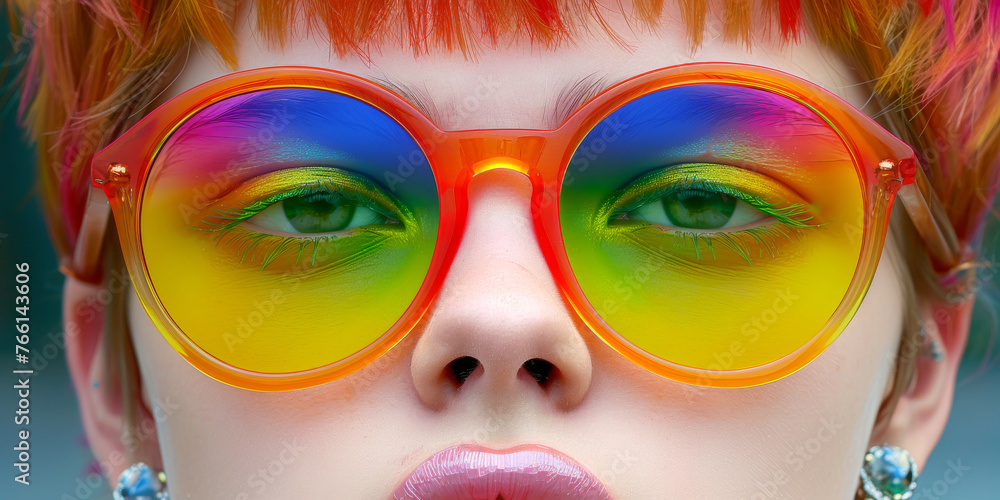 A fashion-forward individual makes a bold statement with vibrant rainbow-colored glasses, accented by a matching haircut and striking makeup.

