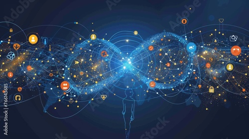 Dynamic vector illustration portraying the global reach of social networks with a character surrounded by an infinity loop of interconnected icons. photo