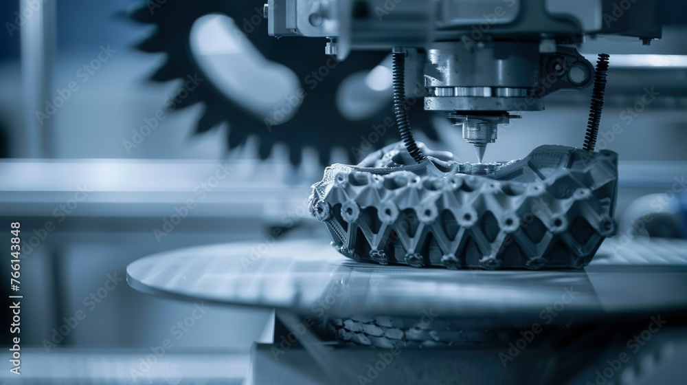 A close-up of a printer creating a complex industrial part, showcasing additive manufacturing technology A close-up of a printer creating a complex industrial part, showcasing additive manufacturing technology