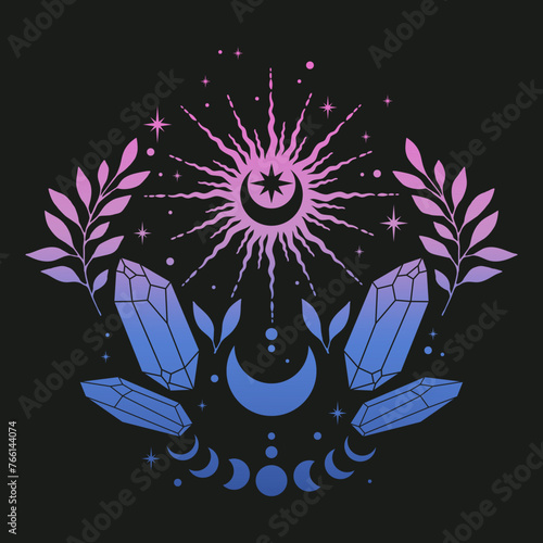 Gradient vector illustration with magical crystal. Abstract mystic sign. For you design, tattoo or magic craft.