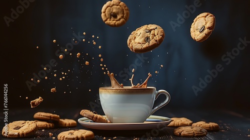 flying cookies falling on a cup of coffee