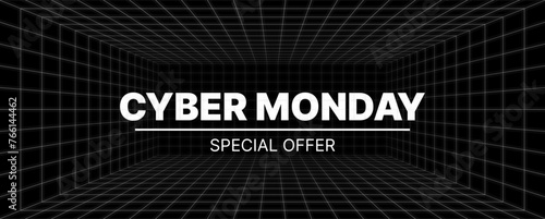 Cyber Monday Special Offer Text 3D Wireframe Room on the Black Background. Vector Perspective Grid. Futuristic VR Game Geometric Backdrop. Box with Digital Cyber Monday Space.