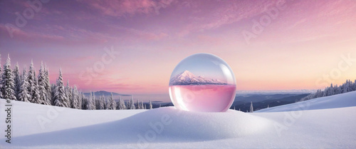 Abstract winter scene with crystal ball on snow mountain and pink sky for product display advertising colourful background
