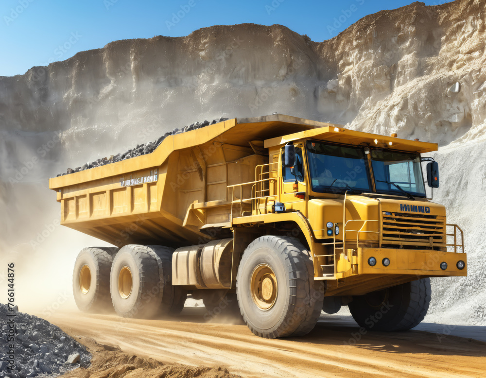 Massive yellow mining truck with mining truck, yellow, massive, industrial, heavy machinery, mining, transportation, dusty, quarry in a quarry during operation Massive yellow mining truck with mining truck, yellow, massive, industrial, heavy machinery, mining, transportation, dusty, quarry in a quarry during operation