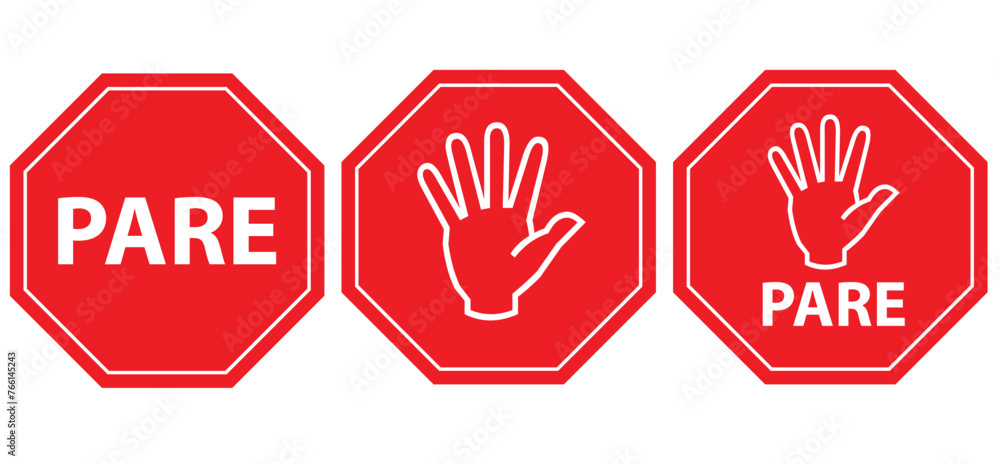 Pare traffic sign on white background. PARE stop sign. the Portuguese translation for stop. flat style. Pare traffic sign on white background. PARE stop sign. the Portuguese translation for stop. flat style.