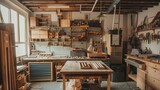 A well-organized carpentry workshop filled with tools, a workbench, and natural sunlight streaming in.