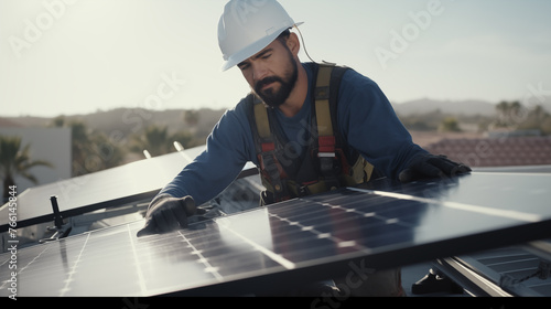 Employee or expert in maintenance of solar panels on the roof professionally photo