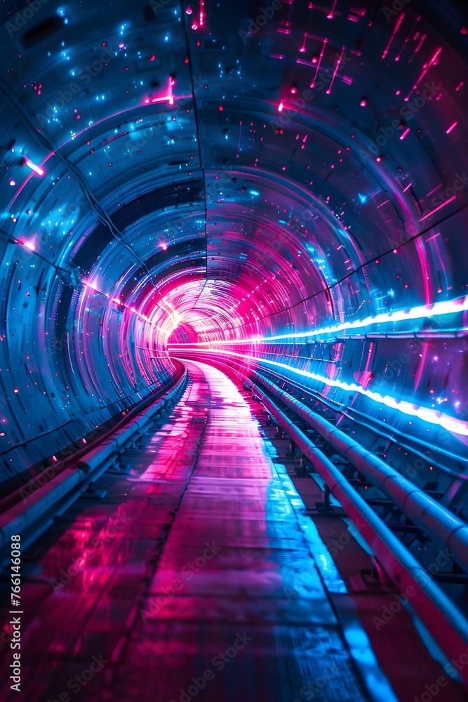 Explore the Mesmerizing Wonders of a Neon Tunnel: Vibrant Colors, Futuristic Design, Immersive Experience, Urban Art, Light Installation, Nightlife Attraction, Technological Marvel