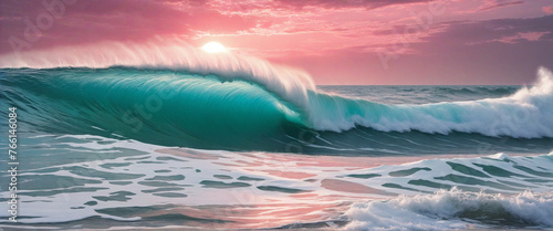 Heavenly sunset ocean wave front. Ocean waves with pink scarlet sky. Turquoise blue waters colourful background © Fukurou