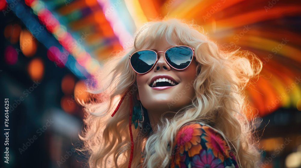 Closeup photo of happy fair haired woman wearing sunglasses with her short curly hair and smiling, enjoying the summer season outside.