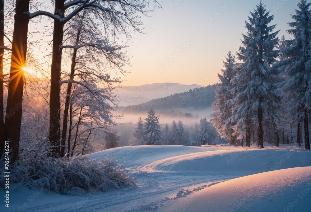 Obraz premium Sunrise Over a Winter Landscape: An Artistic Illustration