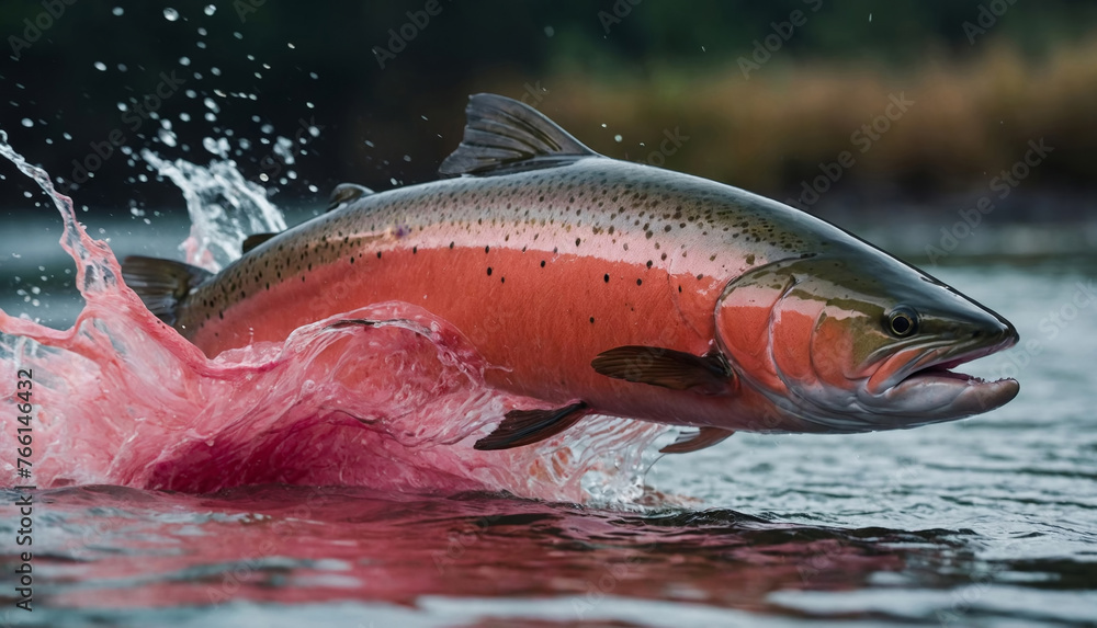 Fototapeta premium A salmon leaps energetically from the waters of a river with a dynamic splash