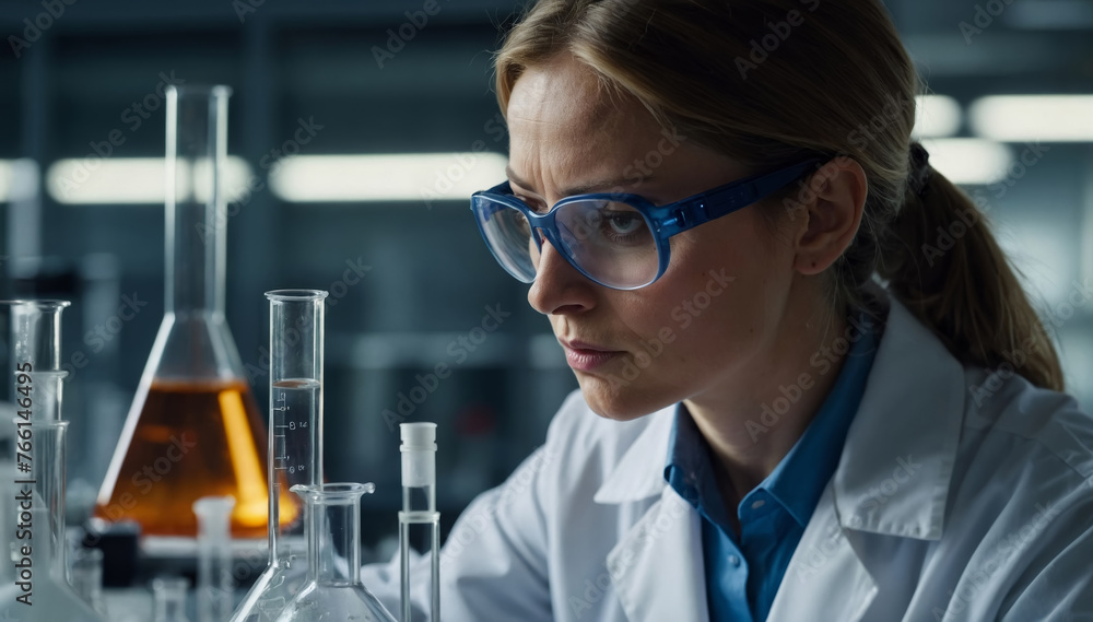 Female scientist in laboratory wearing protective glasses Female scientist in laboratory wearing protective glasses