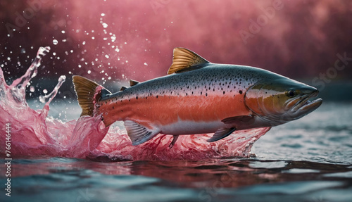 A salmon leaps energetically from the waters of a river with a dynamic splash