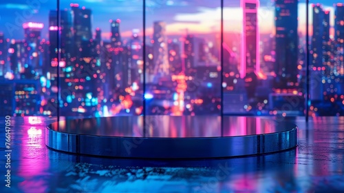 Glass podium cityscape night backdrop