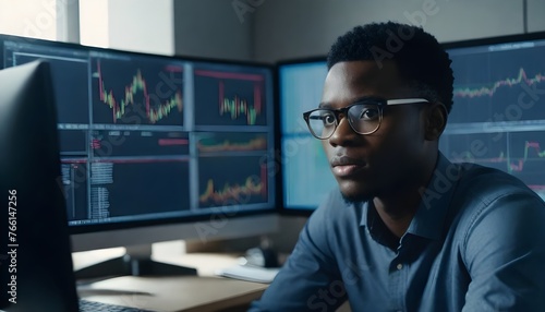 Workplace of trader. Young african bright face trader wearing eyeglasses using his laptop while sitting in office in front of computer screens with trading charts and financial data