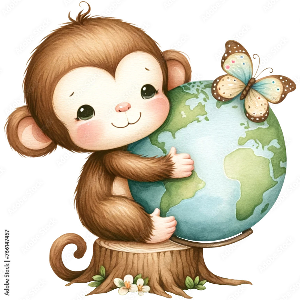 cute monkey earth day, monkey clipart, green earth day,save the world, Stock Illustration