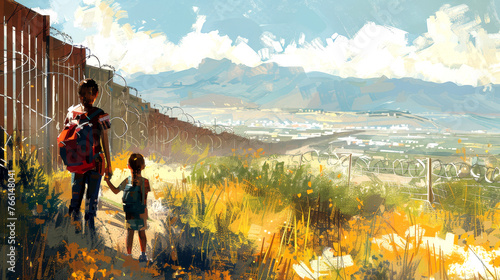 Color illustration - Seeking refuge: immigrant women and children at breaking point