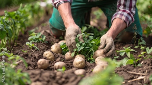 The image depicts a farmer working in a farm garden with potatoes  representing the concepts of