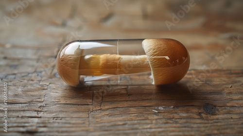 whole psilocybin mushroom inside a clear medicine capsule photo