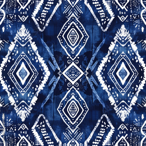 A blue and white patterned design with a diamond shape