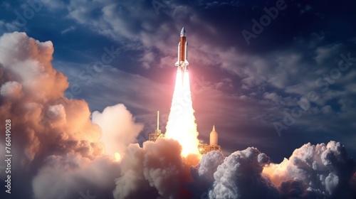 New Rocket flies to another planet. Spaceship takes off into the starry sky. Rocket starts into space.