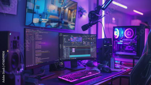 Advanced home streaming setup with multiple monitors and neon purple lighting
