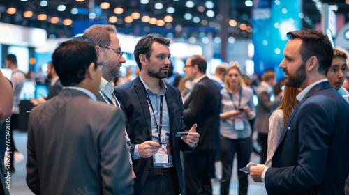 Group of male professionals networking at a business conference with copy space photo