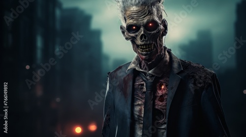 A zombie man in a suit is standing in front of a city