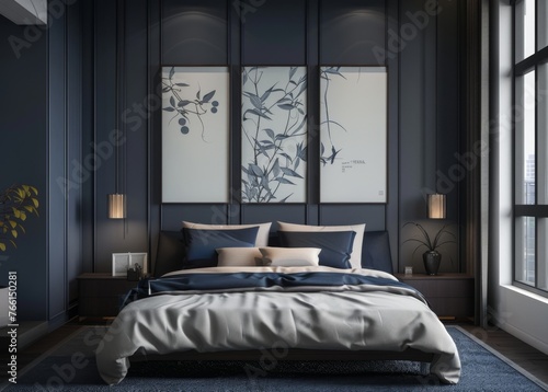 Frame mockup, Empty Picture Frame Mockup in Modern Bedroom with White Bedding, high-resolution (300 DPI) © SH Design