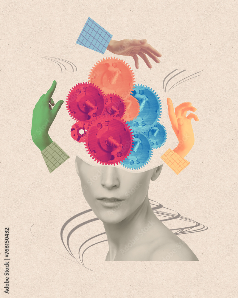 Contemporary art collage, design. Abstract doctor hands near human head, working with mental issues. Psychiatrist. Concept of medical assistance, treatment, mental treatment - fix your brains concepts - obrazy, fototapety, plakaty 