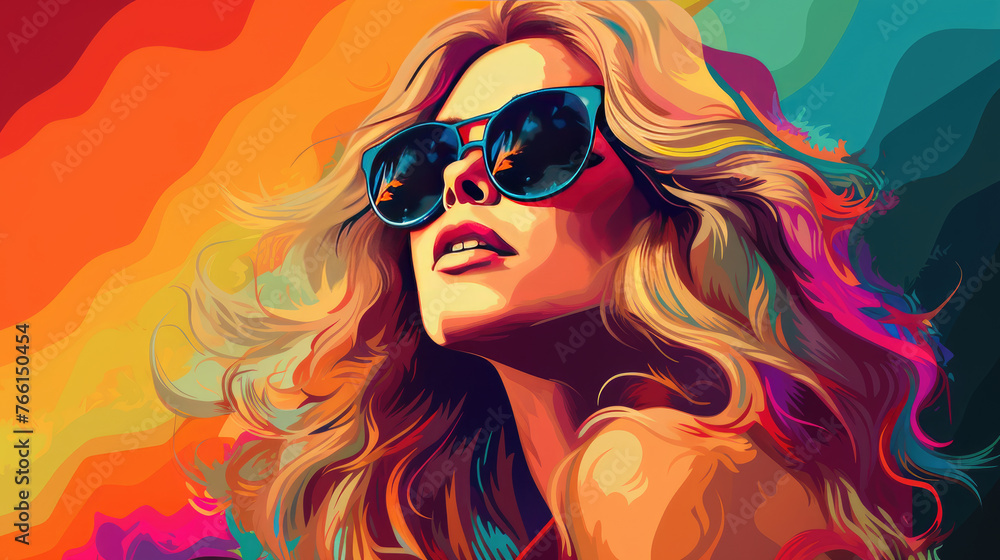 Closeup illustration of happy fair haired woman wearing sunglasses with her short curly hair and smiling, enjoying the summer season outside. Closeup illustration of happy fair haired woman wearing sunglasses with her short curly hair and smiling, enjoying the summer season outside.