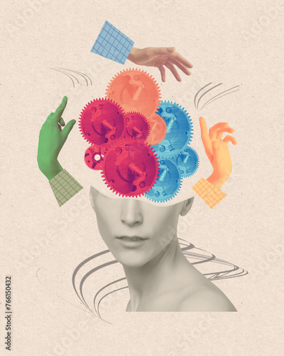Contemporary art collage, design. Abstract doctor hands near human head, working with mental issues. Psychiatrist. Concept of medical assistance, treatment, mental treatment - fix your brains concepts © Solarisys