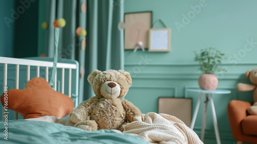 copy space, stockphoto, detailed photography of a baby bedroom mockup. Beautiful decorated baby bedroom. Background photo for birth card, inviatation, greeting card. Teddy bear in the room. photo