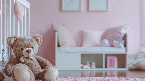 copy space, stockphoto, detailed photography of a baby bedroom mockup. Beautiful decorated baby bedroom. Background photo for birth card, inviatation, greeting card. Teddy bear in the room. © Dirk