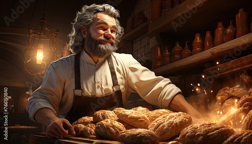 A baker pulling freshly baked bread out of the oven