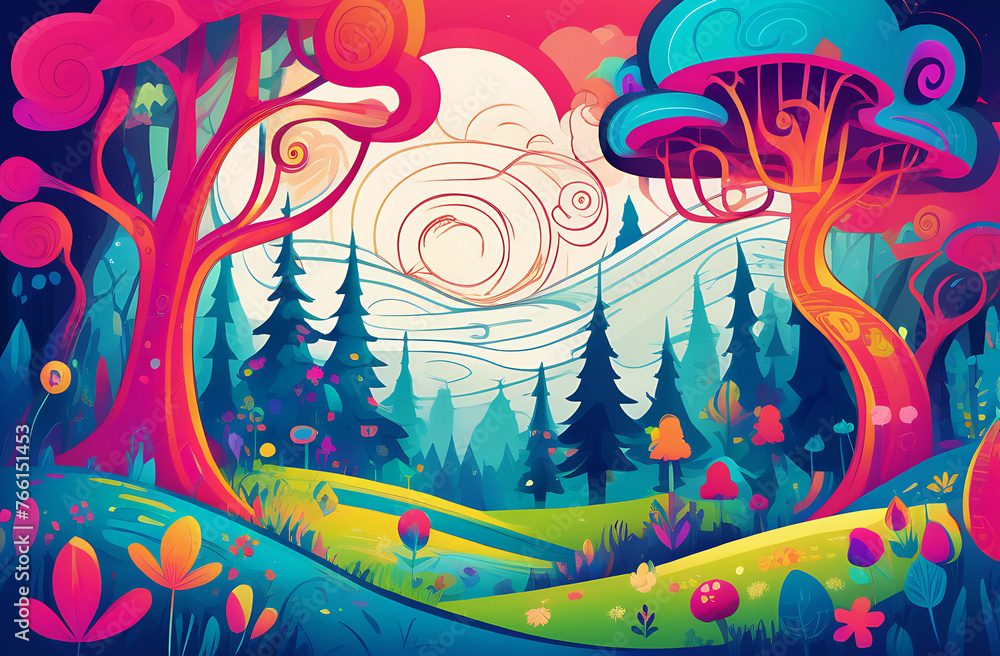 a vivid illustration with a fabulous forest, swirls of plants a vivid illustration with a fabulous forest, swirls of plants