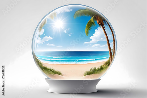 The beach inside a thin, transparent sphere on white background © Giuseppe Cammino