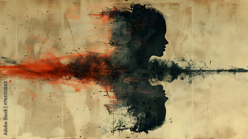 Abstract profile silhouette with symmetrical inkblot design and dynamic orange splashes on a textured backdrop - obrazy, fototapety, plakaty 