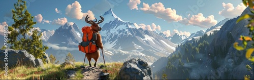  character with an elk's head, wearing red armor and balo , stands on a mountain trail, with snow-capped mountains in the background photo