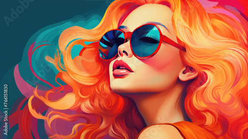 Closeup illustration of happy fair haired woman wearing sunglasses with her short curly hair and smiling  enjoying the summer season outside.