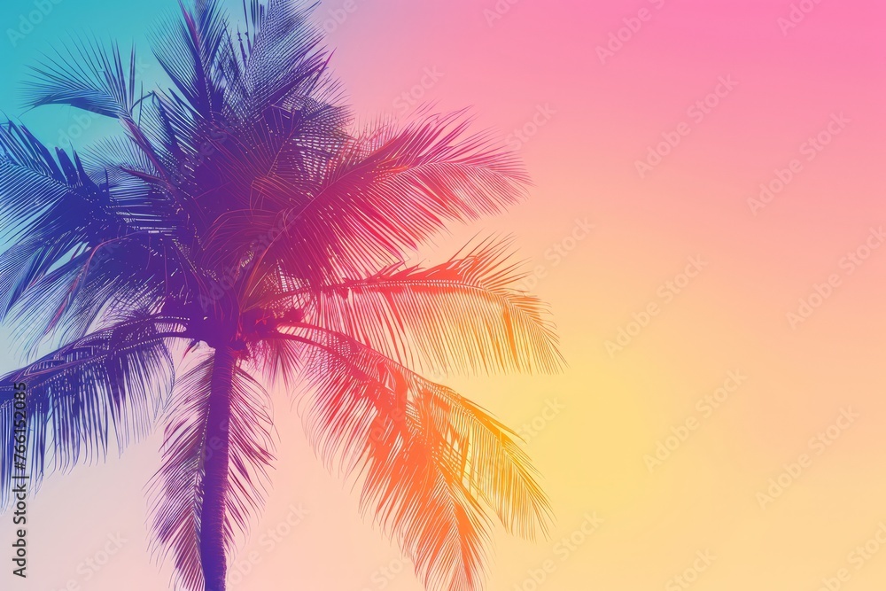 A tall palm tree stands in front of a sky filled with vibrant colors, creating a striking silhouette against the backdrop