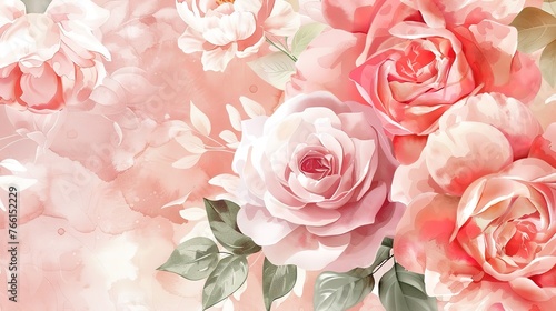 Beautiful pink watercolor rose and peony flowers -,Generative ai, Generative, Ai