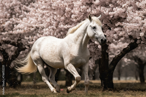 Horse Running Fast Against Blooming Cherry Blossoms © tan4ikk