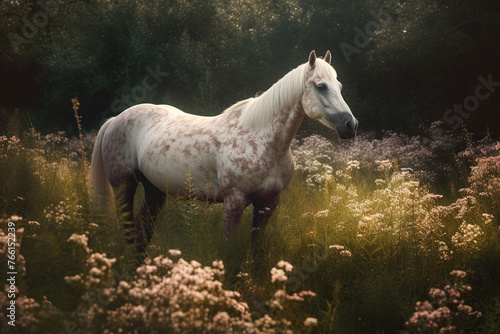 Magnificent Horse Grazing On A Flower Meadow